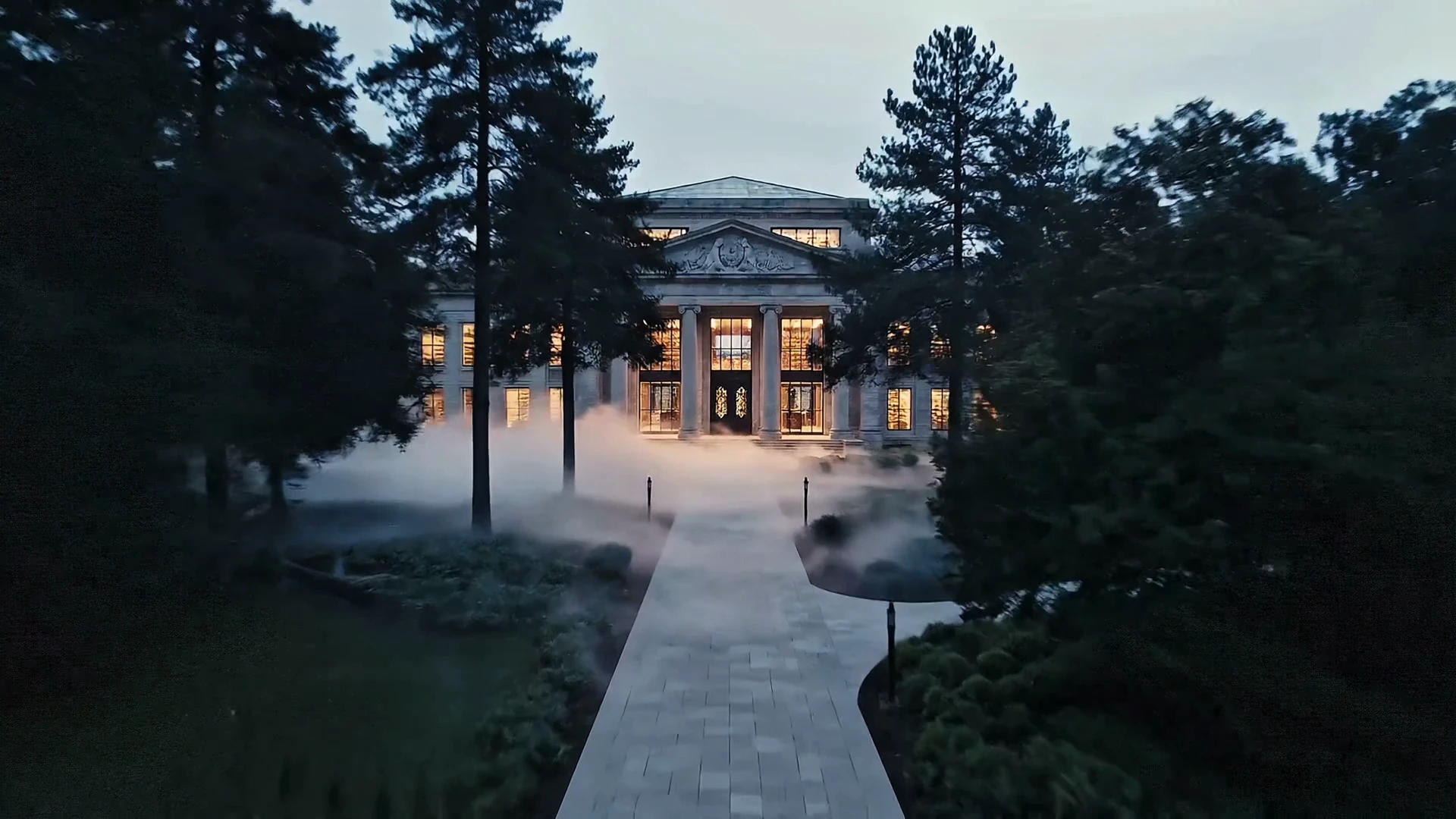 A grand library at dusk